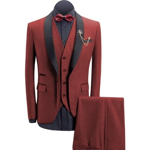 Mens Tailor Made Slim Fit Red Suits For Men Retro Wool Brown Tweed Wedding Dress Lapel Mens 3 Piece Suit (Blazers+Vest+pants)