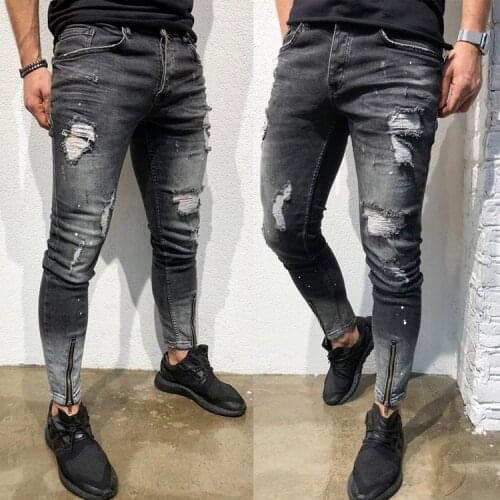 Mens Ripped Slim Fit Jeans spodnie jeansowe Trousers Skinny Stretch Denim Pants Distressed Hip hop Mens Pants
