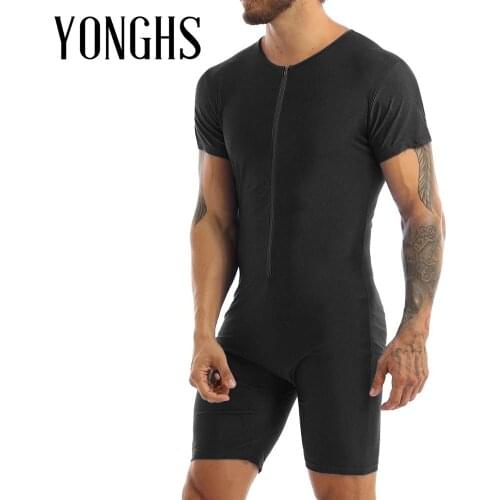 Mens Lingerie Leotard Bodysuit One-piece Sexy Gay Homme Costume Short Sleeve Front Zipper Boxer Briefs Leotard Bodysuit Jumpsuit