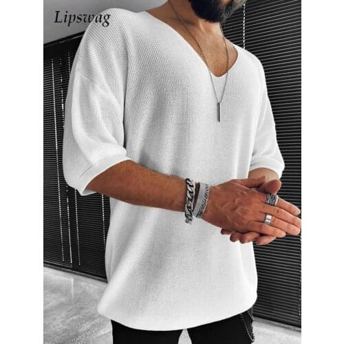 2021 Men Summer Short Sleeve Casual Knit Solid Sweater V-neck Loose Sweaters Jumper Male Autumn Fashion Tops Pullover Streetwear