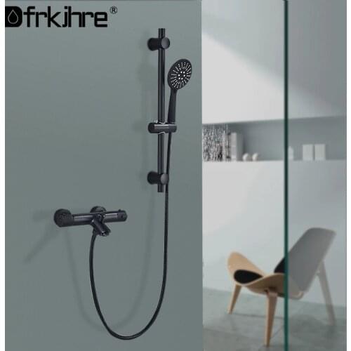 Bathroom Shower Set Wall Mounted Black Thermostati Wall Mount With ABS Hand Adjustable Sliding Bar Shower Head Bathtub Mixer Tap