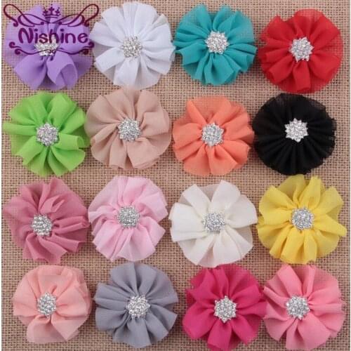 Nishine 30pcs/lot 2.4" Chiffon Flower With Star Rhinestone Button Center For Girl Women Headband Hair Clip DIY Hair Accessories