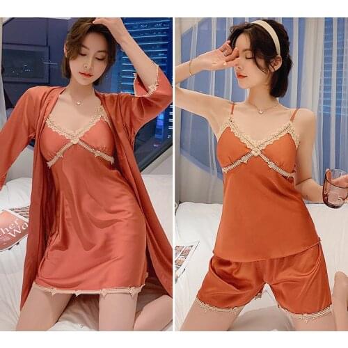 Orange Women Lace Floral Trim Robe Set 4PCS Satin Bathrobe Gown V-Neck Sling Nightgown Nightdress Pajamas Suit Lounge Home Dress
