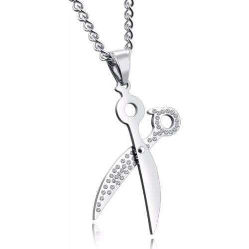 Stainless Steel Crystal Paved Stylist Scissor Pendant Necklace Beauty Salon Hairdresser Jewelry Gifts for Women Men