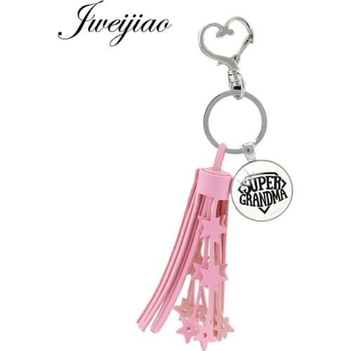 JWEIJIAO Pink Tassel Pendant Super Grandma Keychain Plated Metal Heart Clasps Keyring Grand-mere Key Bag Charms GIft SG75