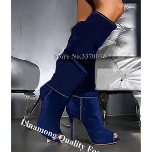 Linamong Western Peep Toe Dark Blue Denim Knee High Stiletto Heel Boots Slip-on Sexy Long High Heel Boots Motorcycle Boots