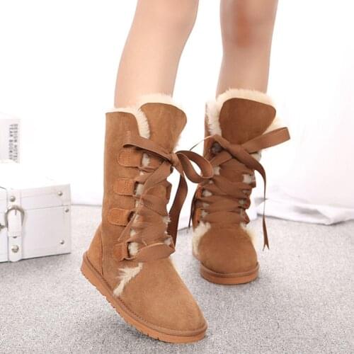 New Fashion High Snow Boots Women Boots 100% Genuine Sheepskin Leather Lace Up Long Boots Natural Fur Warm Wool Winter Boots