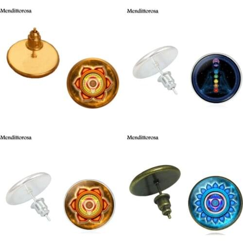 Seven Chakra Yoga Reiki Healing Spiritual Glass Cabochon Jewelry With Statement Bronze/Silver/Golden Clip Ear Hook Stud Earrings