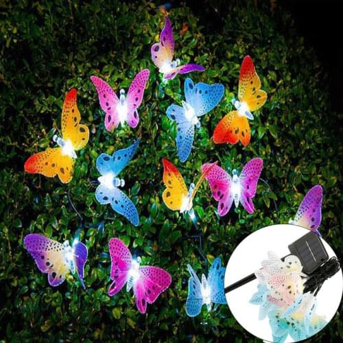4M 12 Led Solar Powered Butterfly Fiber Optic Fairy String Lights Waterproof Christmas Outdoor Garden Holiday Decoration Lamps
