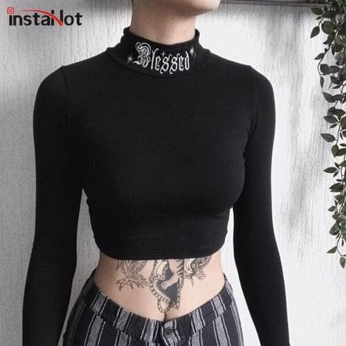 InstaHot fashion letter embroidery mock neck t shirt 2020 full sleeve cotton crop tops slim gothic streetwear autumn casual tops