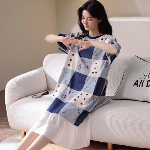 Ladies Pajamas Summer Loose Stitching Skirt Feet Cotton Pajamas Home Service Three-Quarter Sleeves Long Cute Pajamas Dress