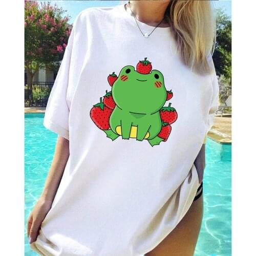 Summer Women T-shirt Casual Short Sleeve Frog Strawberry Print Female Graphic Casual Clothes Ladies Kawaii Daily O-Neck Tee Tops