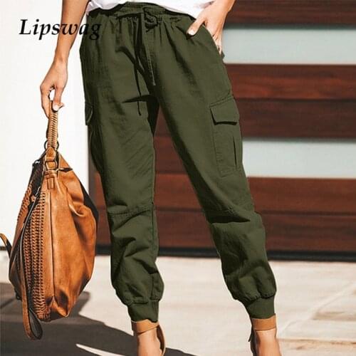 2021 New Fashion Elegant Women Long Pants Streetwear Casual Pockets Lace-Up Cargo Pants Spring Summer Solid Office Lady Trousers