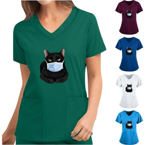 Women Tops Heart Print Workwear Short Sleeve V-neck Tops Working Uniform Solid Color Shirt Pocket блузка женская