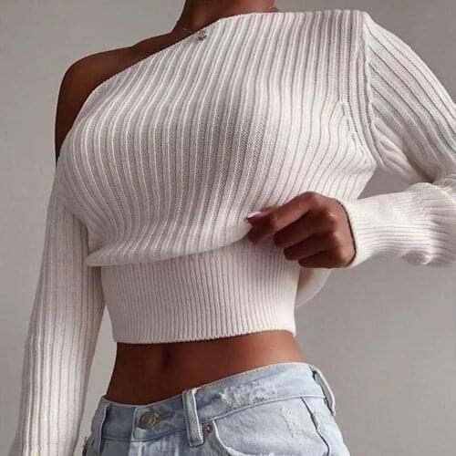 Women Sexy Off Shoulder Sweater Solid Color Long Sleeve Ribbed Knitted Pullover sweaters for women fashion