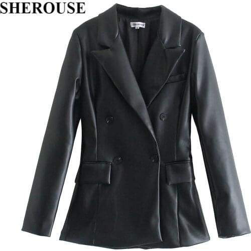SHEROUSE Women Fashion With Pockets Double Breasted Solid Faux Leather Coat Long Sleeve V-Neck Vintage Female Coats Chic Tops