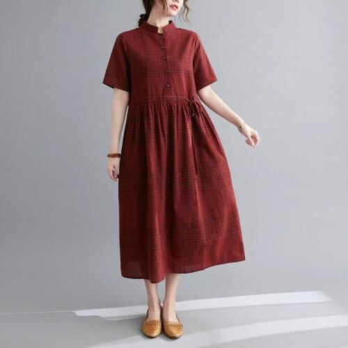 Fashion Plaid Blouse Dress 2021 New Arrival Short Sleeve Loose Summer Dress Cotton Linen Draw String Women Travel Casual Dress