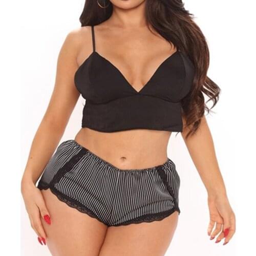 Female Sexy Lingerie Set Babydoll Sleepwear Women Underwear V Neck Camis Bra+Striped Lace Shorts Nightwear Homewear Summer Suit