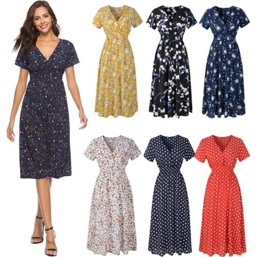 2021 Summer Women Dress Polka Dot Casual Chiffon Beach Floral V-neck Short Sleeve Clothes Bohemian Slim Prom Lady Party Dreeses