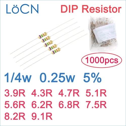 1000pcs 5% 1/4W Carbon Film Resistor DIP 3.9R 4.3R 4.7R 5.1R 5.6R 6.2R 6.8R 7.5R 8.2R 9.1R OHM Color ring 0.25w
