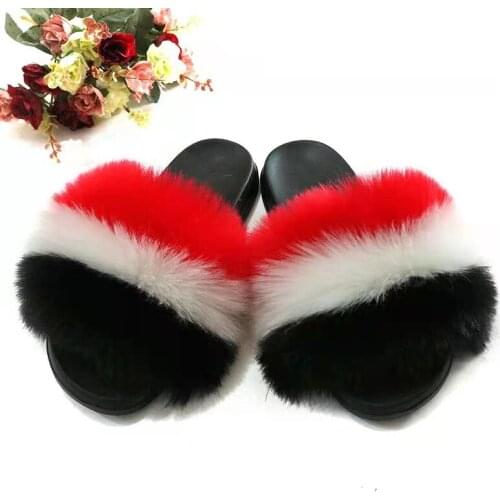 2021 Summer Ladies Faux Fox Fur Fluffy Slippers Womens Plush Faux Hair outdoor Slides Furry Flip Flops Womens Sandals TX410