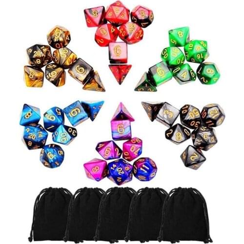 42 Pieces (6 X 7 Sets) Double-Colors Polyhedral Dice Number Game Dice Set Table Game Playing With 6 Black Storage Pouches