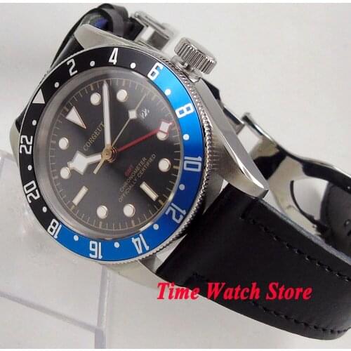 Solid 41mm Corgeut mechanical auto wrist watch men GMT dive waterproof leather bracelet pilot black dial luminous sapphire c115