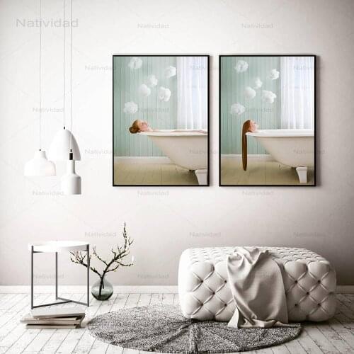 Bathroom Canvas Painting Cartoon Girl with Long Hair Posters and Prints Nordic Minimalist Art Wall Picture for Shower Room Decor