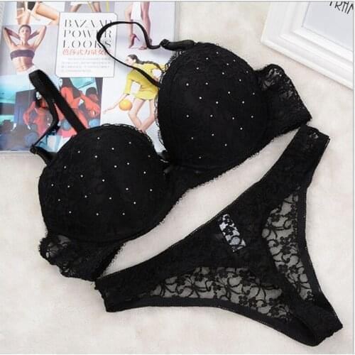 Slimgirl New Lace Rhinestone Bra Set Push Up Underwire Bra & Brief Sets Sexy Lingerie Sting Panty 34 36 38 40 B C Cup For Women