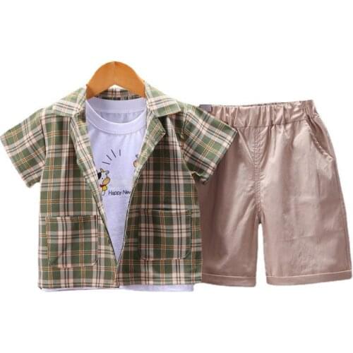 Summer Baby Cartoon Clothes Children Boys Girls Vest Shirt Shorts 3Pcs/sets Kids Infant Cotton Clothing Toddler Plaid Sportswear