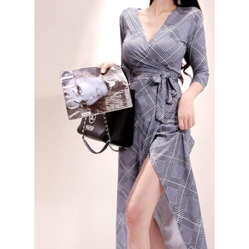 Summer Beach Dress V-neck Gray Plaid Womens Dresses Casual Elegant Office Lady Bodycon Bandage Sexy Party Aline Maxi Long Dress