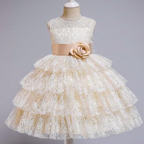 Top Sale Champagne Tank Sleeveless Lace Flower Girls Dresses for Prom Party Short Kids Clothing 2021