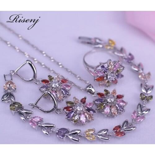 Multi color Top Cubic Zircon Flower Square Silver Color Jewelry Set For Women Earring Necklace Ring Bracelet Fast Ship