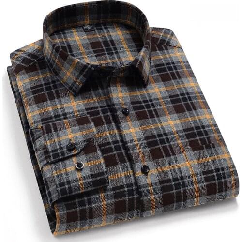 Pure Cotton Classical Mens Plaid Casual Warm Shirts Full Sleeve Brushed Fabric Soft Comfortable Regular Fit Male Shirts