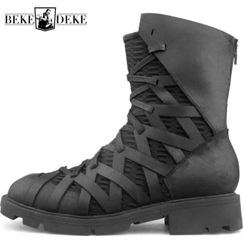 High-Top Punk Shoes Men Ankle Luxury Trainers Genuine Leather Mesh Patchwork Back Zip Motorcycle Boots Casual Hip Hop Sneakers