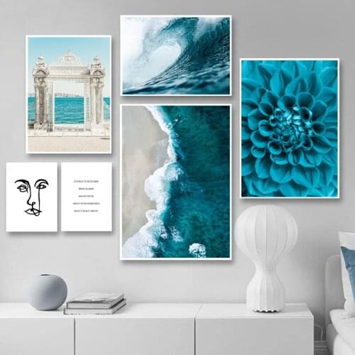 Ocean Waves Blue Flower Wall Poster Sea Beach Landscape Canvas Print Nordic Painting Scandinavian Art Room Decoration Picture