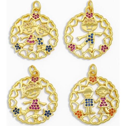 OCESRIO CZ Copper Family Couple Pendant Charms for Necklace Boy and Girl Necklace Jewelry Making Supplies Wholesale pdta174