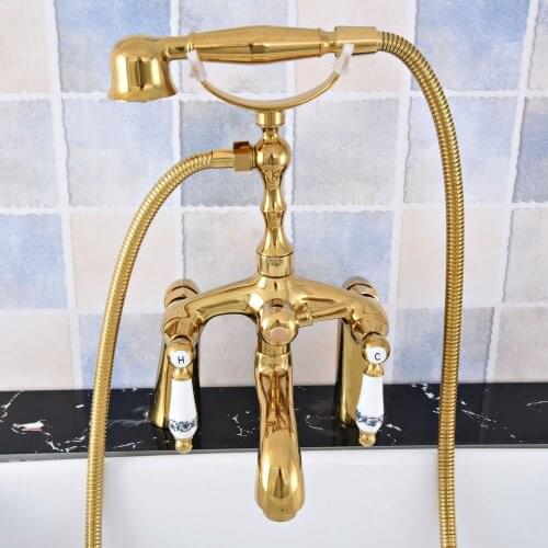 Luxury Gold Color Brass Deck Mounted Bathroom Tub Faucet Dual Handles Telephone Style Hand Shower Clawfoot Tub Filler atf788