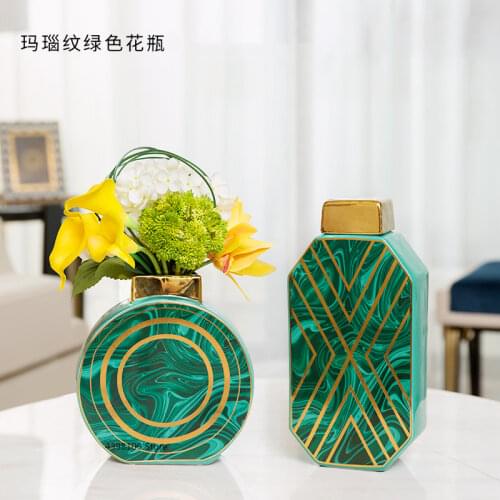 Scandinavian ceramic vase decoration ornaments green agate gold-rimmed vase modern living room flower arrangement desktop vase