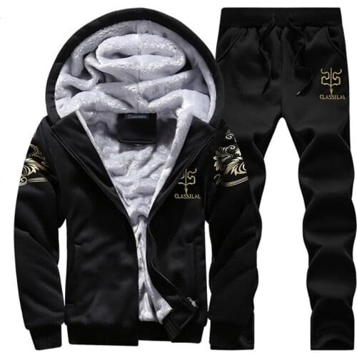 Warm Fur Inside Winter Sweatshirt Tracksuit Men Sporting Fleece Thick Hooded Brand-Clothing Casual Track Suit Men Jacket+Pant