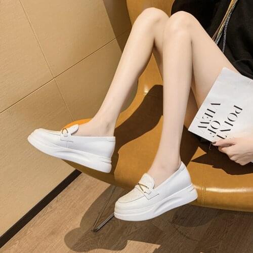 Womens Wedges Platform White Shoes for Female Soft Leather Comfort Casual Fashion Loafers Slip on Pumps