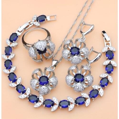 Flower Shaped 925 Sterling Silver Bridal Jewelry Sets Blue Zircon White CZ For Women Earrings/Pendant/Ring/Bracelet/Necklace