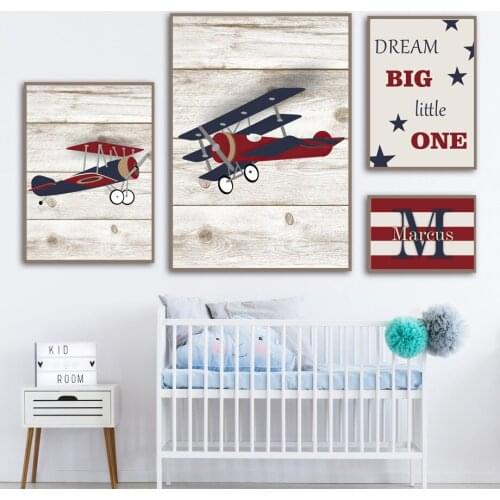Vintage Airplane Personalized Name Nursery Art Canvas Painting Nordic Posters And Prints Wall Pictures For Boy Kids Room Decor