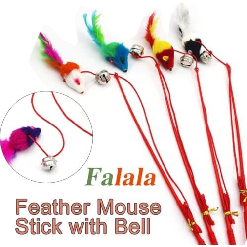 Cat Funny Feather Mouse Stick with Bell Playing Dangle Faux Mice Tease Fun Kitten Rod Toy Interactive Fishing Rod Wand for Cats