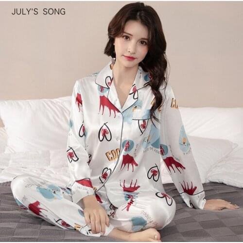 JULYS SONG Summer Autumn Satin Pajama Women pajamas Set Cartoon Print Faux Silk Female Casual Long Sleeve Trousers Sleepwear