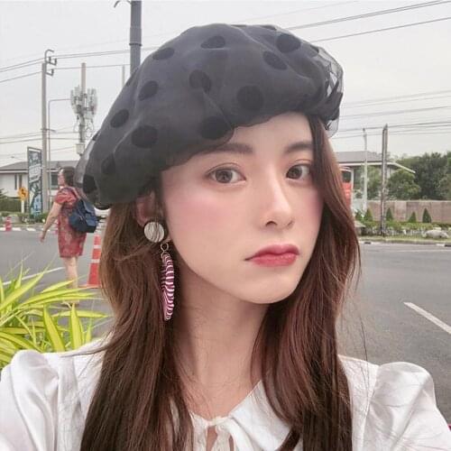 Womens Beret Hat Fashion Elegant Mesh Organza Dot Cap Cotton Spring Summer Students Cute All Matching Pumpkin Hat for Lade Girl