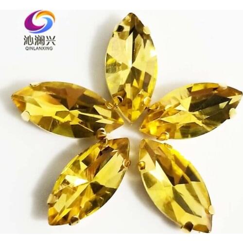 Golden yellow eye shape Glass Crystal sew on stones with holes,Golden bottom loose rhinestones Diy/Clothing accessories SWMG20