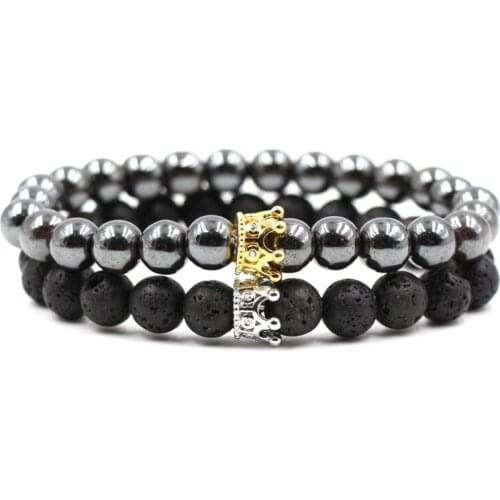 8mm 2PCS/Set hdg4 adjusted nature black stone volcanic lava hematite micro pave cz zircon cubic zirconia Crown Bracelet