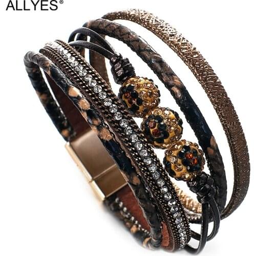 ALLYES Multilayer Sexy Leopard Leather Bracelets for Women Elegant Rhinestone Crystal Beads Wide Wrap Bracelet Fashion Jewelry