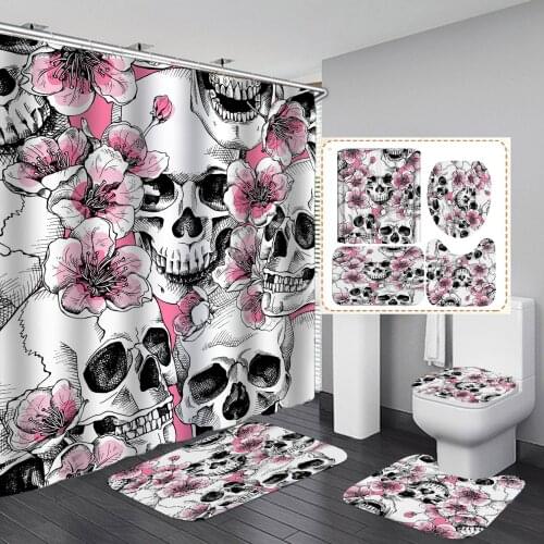 Fashion Skeleton Flower Shower Curtain With Non Slip Rug Mat Bathroom Curtains Waterproof Polyester Bathroom Curtain with Hooks